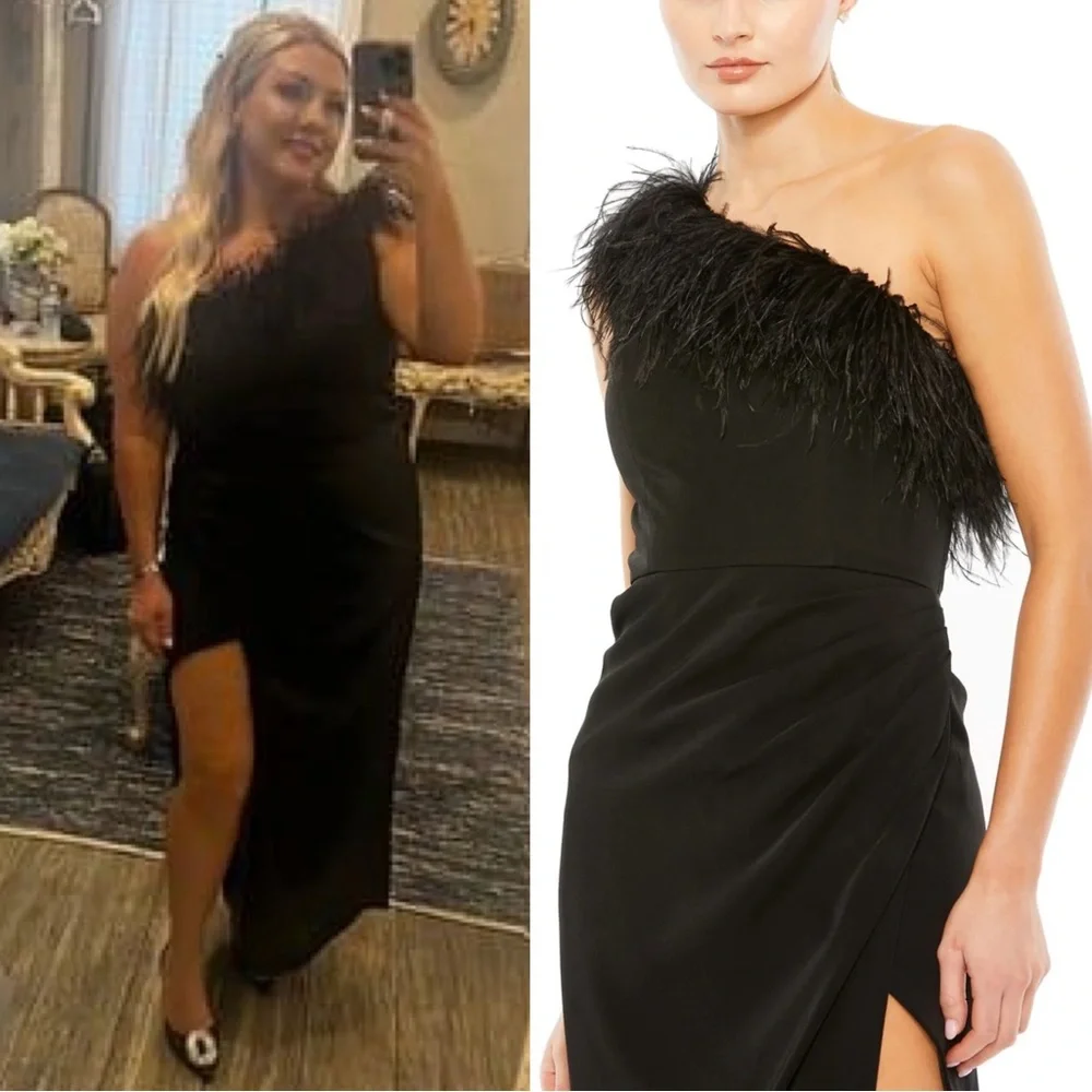 Mac Duggal 68147 Feather Trim One Shoulder Draped Dress Size 12 NWT Black - Picture 2 of 5